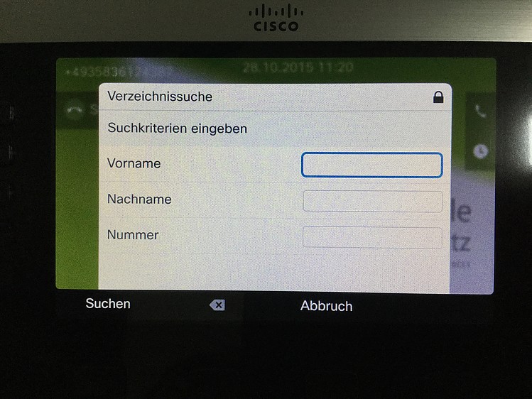 Bild eines Telefondisplays - mit geöffneter Verzeichnissuche