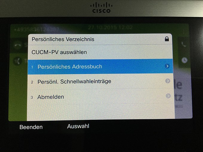 Bild eines Telefondisplays - mit geöffnetem Menü Persönliches Adressbuch