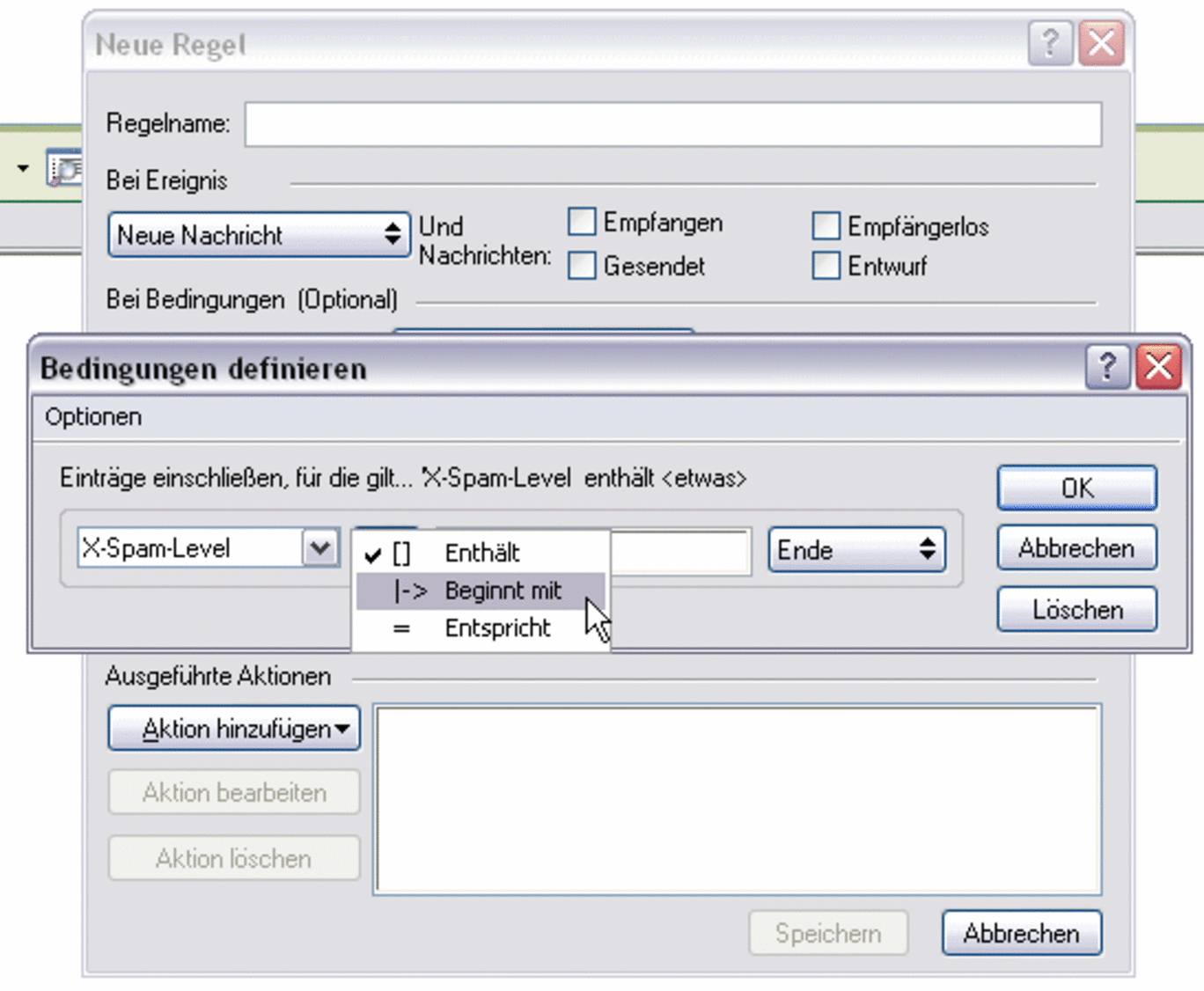 Screenshot Operator "Beginnt mit" festlegen