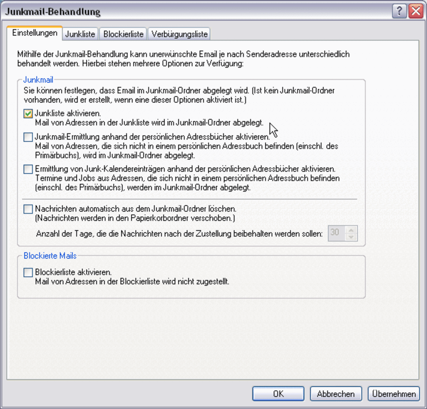 Screenshot Junkliste aktivieren