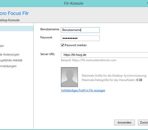 Screenshot Anmeldung